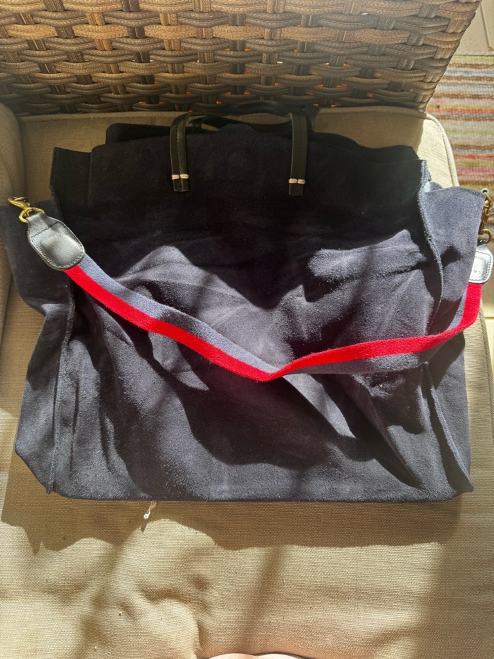 Clare V Navy Suede Canvas Tote with Red Accent Strap